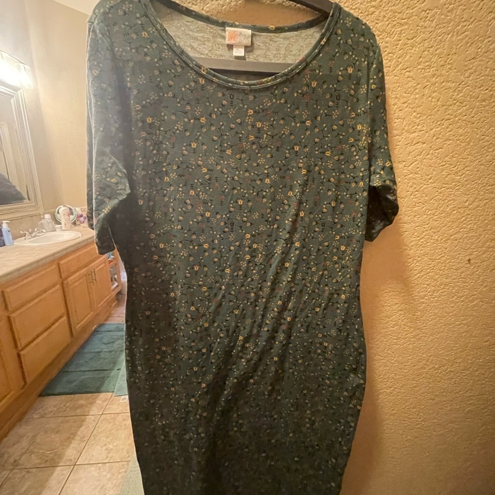 LuLaRoe knit dress, olive green with small floral print